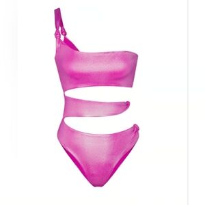 SKIMS Liquid Shine Metallic One-Shoulder Cutout Monokini Swimsuit.